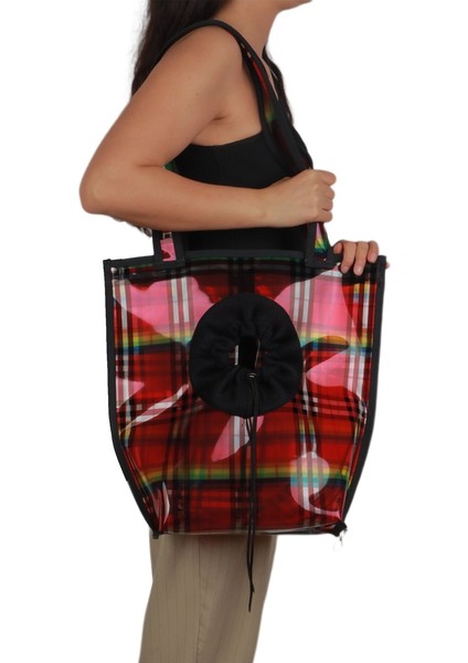 Omuz Askılı Şeffaf Kedi-Köpek Taşıma Çantası 41*39*14 cm 6 kg Rainbow Kırmızı