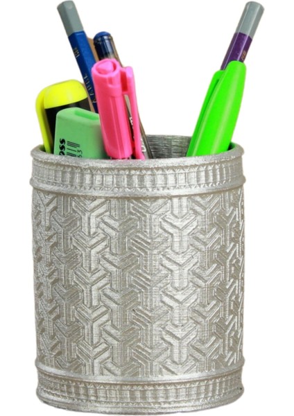 Kalemlik Gümüş Renk Masa Kalemliği Organizer Kalemlik Y Desenli Model