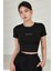 Spectacular Kısa Kol Kadın Siyah Bisiklet Yaka Likralı Body Crop T-Shirt 4