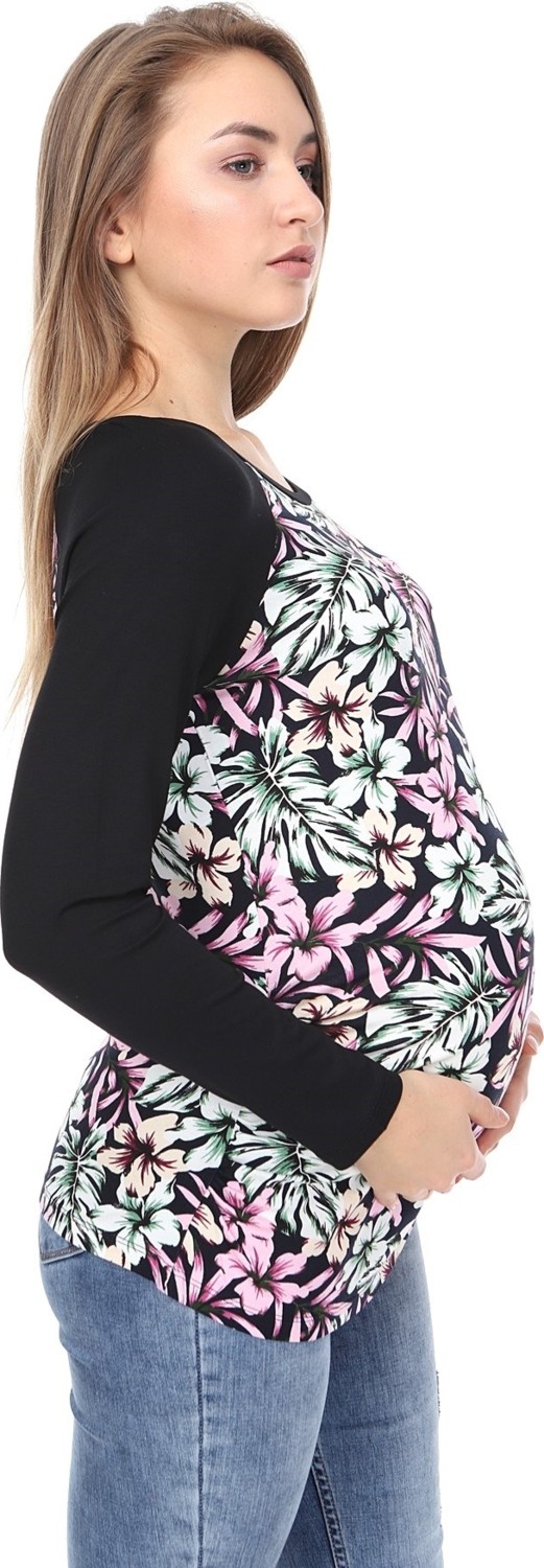 Luvmabelly MYRA2353 Siyah Çiçekli Çizgili Parçalı Hamile Tshirt görsel 2