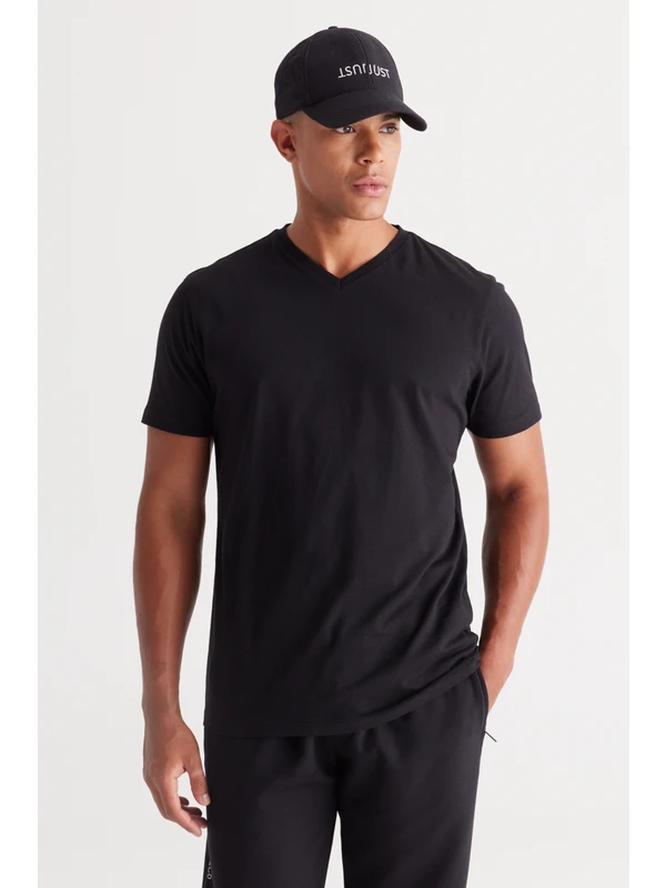 AC&Co / Altınyıldız Classics Erkek Siyah %100 Pamuk Slim Fit Dar Kesim V Yaka Tişört