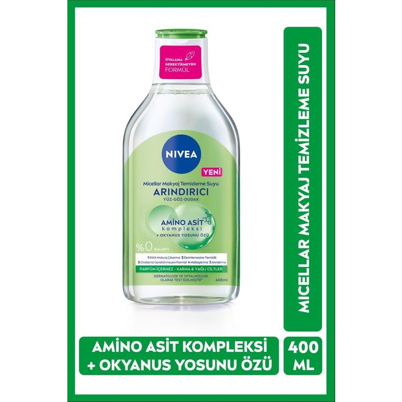Nivea Micellar Makyaj Temizleme Suyu 400ml, Karma ve Yağlı Ciltler için, Amino Asit ve Arındırıcı Okyanus Yosun Özü içerir, Ovalamadan Makyaj Çıkarır