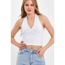 Moda Gerçek Boyundan Bağlamalı Crop T-Shırt