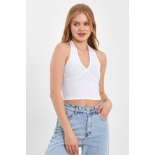 Moda Gerçek Boyundan Bağlamalı Crop T-Shırt