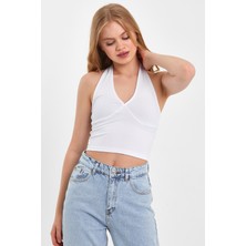 Moda Gerçek Boyundan Bağlamalı Crop T-Shırt