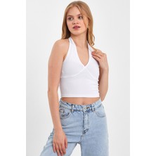 Moda Gerçek Boyundan Bağlamalı Crop T-Shırt