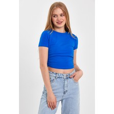 Moda Gerçek Yan Büzgülü Mavi Crop T-Shırt