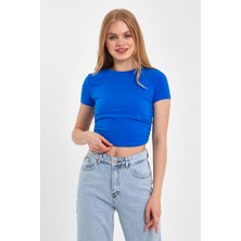 Moda Gerçek Yan Büzgülü Mavi Crop T-Shırt