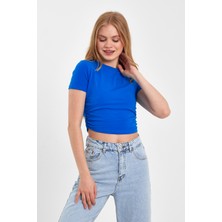 Moda Gerçek Yan Büzgülü Mavi Crop T-Shırt