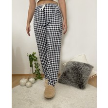Betimoda Kadın Pijama Altı Kurdeleli Beyaz Siyah Kare Desenli Şık ve Rahat