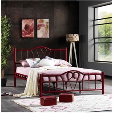 Hier Orkide Çift Kişilik Başlıklı Yatak Odası Ferforje Bordo Metal Karyola 140X190