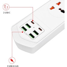 Mesro 4+4 USB + 2 Type-C 10 Girişli Akım Korumalı Anahtarlı Uzatma Grup Priz 3000W Çoklu Priz 2 M Kablo