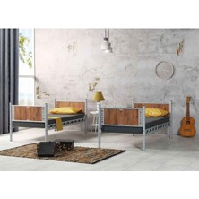 Hier Elegan Genç Çocuk Odası Ahşap Başlıklı Metal Ranza ve Karyola 90X200 Yatak Ölçülü