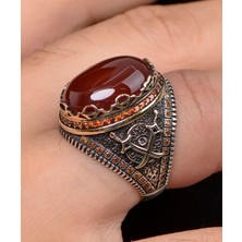 Prestige Gümüş Kılıç Figürlü Akik Taşlı Zirkon Taş Süslemeli 925 Ayar Gümüş Erkek Yüzüğü