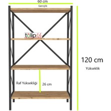 Tulip Life 4 Raflı Dekoratif Koyu Ceviz Metal Kitaplık TLPK04S
