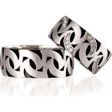 Gümüşcüm Siyah Rodajlı Motif Model Bay Gümüş Alyans