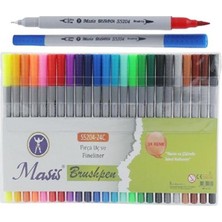 Masis Fineliner Kalem Çift Yönlü 24 Renk 1 Paket Fırça Uç ve Fineliner Brushpen 24LÜ Keçe Uçlu Kalem Kalın Ince Keçeli Kalem