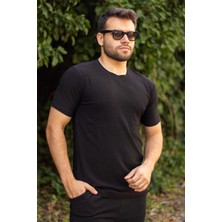 Azıcık Akıllı Erkek Siyah Krep Kumaş Rahat Salaş Esnek Bisiklet Yaka T-Shirt 23ETSHTARP