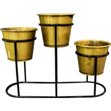 Herdekora Dekoratif Metal Standlı 3'lü Saksı Parlak Altın 38X29X13 Cm