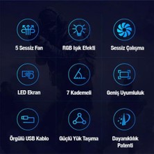 Coofbe Profesyonel Laptop Soğutucu 2 USB Giriş Rgb Işıklı Göstergeli 5 Fanlı 7 Farklı Yükseklik Ayarlı