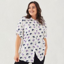 Lady Majestic Likralı Pamuk Poplin Beyaz Desenli Büyük Beden Gömlek