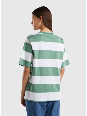 Benetton Bisiklet Yaka Çizgili Yeşil Kadın T-Shirt 35U4D103E