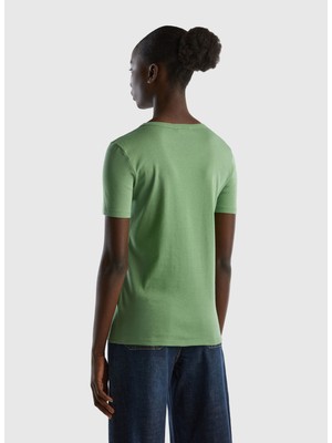 Benetton Bisiklet Yaka Düz Koyu Yeşil Kadın T-Shirt 3GA2E16A0