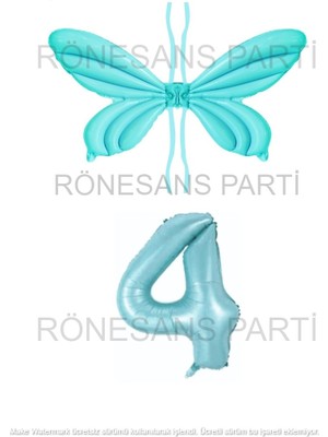 Rönesans Parti Mavi Renk Melek Kanadı Folyo Balon ve Rakam Folyo Balon Seti Yaş 4
