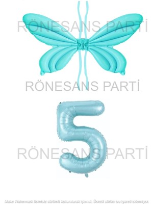 Rönesans Parti Mavi Renk Melek Kanadı Folyo Balon ve Rakam Folyo Balon Seti Yaş 5