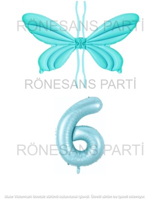 Rönesans Parti Mavi Renk Melek Kanadı Folyo Balon ve Rakam Folyo Balon Seti Yaş 6