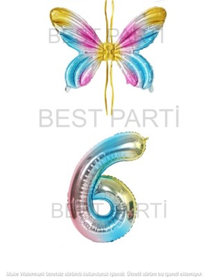 Best Parti Gökkuşağı Renk Melek Kanadı Folyo Balon Ve Rakam Folyo Balon Seti Yaş 6