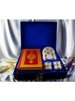 Kütahya Serigrafi İkili Altın Yaldızlı Kur'an-ı Kerim'li Kadife Kutulu Porselen Fincan Takımı