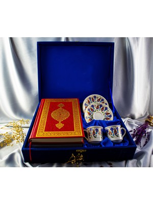 Kütahya Serigrafi İkili Altın Yaldızlı Kur'an-ı Kerim'li Kadife Kutulu Porselen Fincan Takımı