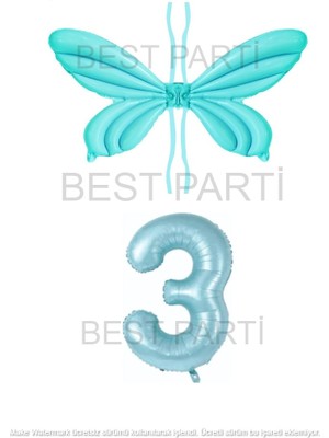 Best Parti Mavi Renk Melek Kanadı Folyo Balon Ve Rakam Folyo Balon Seti Yaş 3