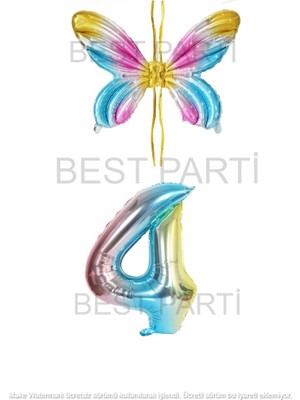 Best Parti Gökkuşağı Renk Melek Kanadı Folyo Balon Ve Rakam Folyo Balon Seti Yaş 4