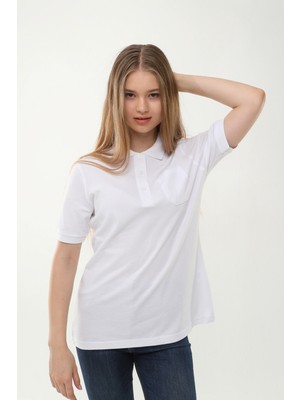 Uniprom Kadın Polo Yaka Tişört Mercedes Logolu  Pamuk Beyaz