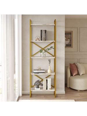 Yurudesign Voyage Gold Metal Kitaplık 5 Raflı 175CM Mermer Desen Vg3-Ge