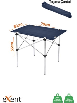Exent 50X70 cm Kamp Masası Katlanabilir Masa, Piknik Bahçe Balkon Plaj Masası, Taşıma Çantalı Masa-Lacivert