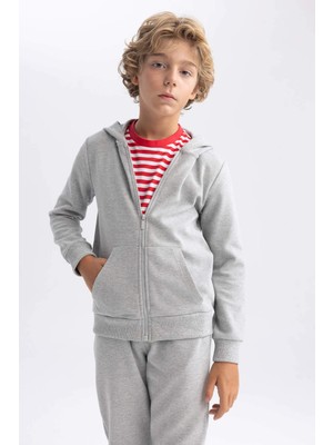 DeFacto Gri Kapüşonlu Okul Hırkası Erkek Çocuk Pamuk Karışımlı Ottoman Sweat Modeli