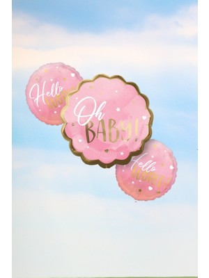Pekshop Baby Shower Kız Bebek Parti Balonu Oh Baby Hello World Yazılı Pembe Folyo Balon Seti