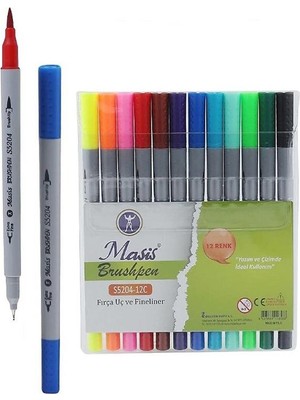 Masis Fineliner Kalem Çift Yönlü 12 Renk 1 Paket Fırça Uç ve Fineliner Brushpen 12LI Keçe Uçlu Kalem Kalın Ince Keçeli Kalem