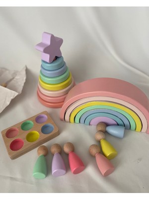Tiny Wood 7'li Waldorf Gökkuşağı, Yıldız Kule, Peg Bebek Tabla Seti, Waldorf Eğitsel Ahşap Oyuncak Jumbo Set