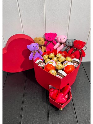 Lenostra Sevgiliye Romantik Hediye Çekmeceli Kalp Kutuda Lüx Çikolatalar ve Mini Ayıcıklar