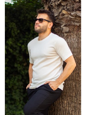 Azıcık Akıllı Erkek Beyaz Krep Kumaş Rahat Salaş Esnek Bisiklet Yaka T-Shirt 23ETSHTARP
