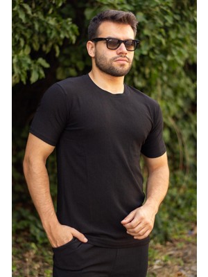 Azıcık Akıllı Erkek Siyah Krep Kumaş Rahat Salaş Esnek Bisiklet Yaka T-Shirt 23ETSHTARP
