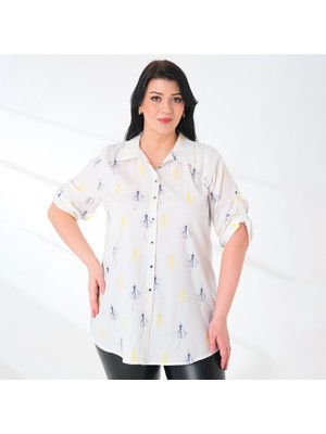 Lady Majestic Likralı Pamuk Poplin Beyaz Desenli Büyük Beden Gömlek