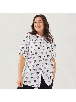 Lady Majestic Likralı Pamuk Poplin Beyaz Desenli Büyük Beden Gömlek