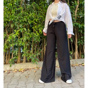 Kadın Beli Lastikli Bol Paça Oversize Bürümcük Kumaş Uzun Siyah Pantolon