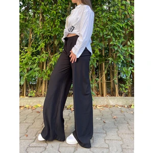 Kadın Beli Lastikli Bol Paça Oversize Bürümcük Kumaş Uzun Siyah Pantolon