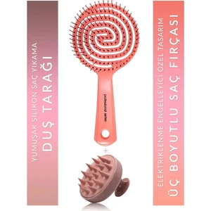 Pembe Pro Üç Boyutlu Oval Saç Fırçası + Pembe Silikon Duş Masaj Tarağı